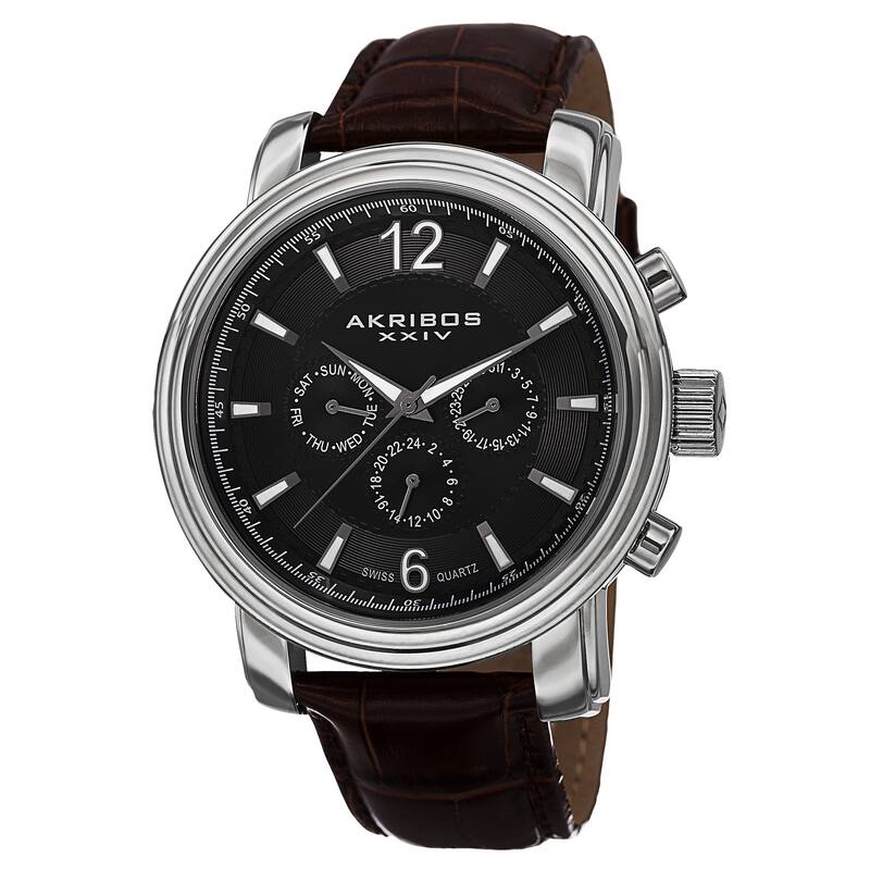 Akribos XXIV Men's Swiss Quartz Multifunction Leather Silver-Tone Strap Watch