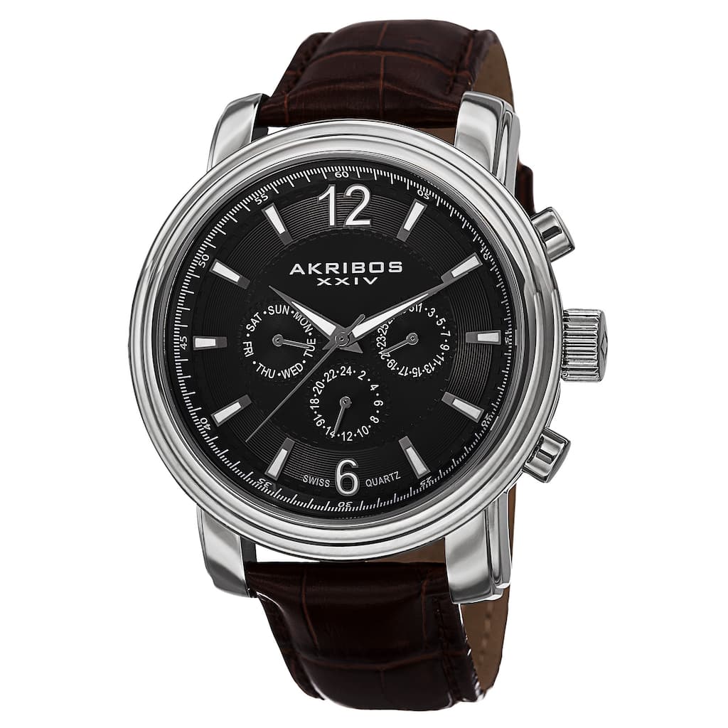 Akribos XXIV Men's Swiss Quartz Multifunction Leather Silver-Tone Strap Watch