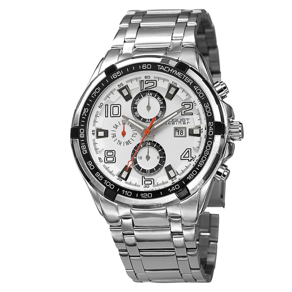 August Steiner Men's Swiss Quartz Multifunction Tachymeter Silver-Tone Bracelet Watch