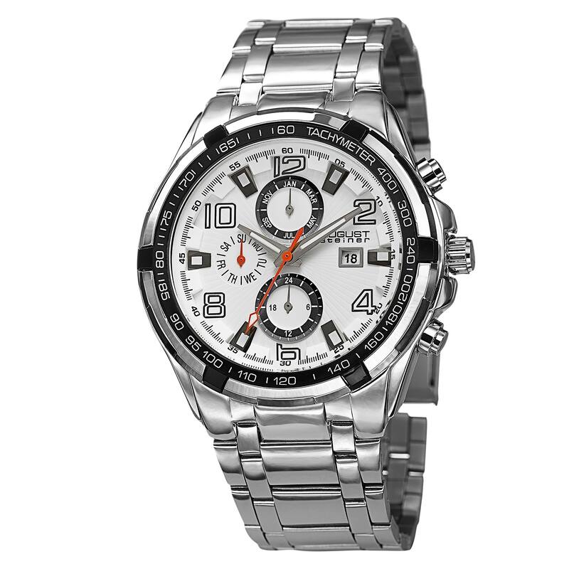 August Steiner Men's Swiss Quartz Multifunction Tachymeter Silver-Tone Bracelet Watch