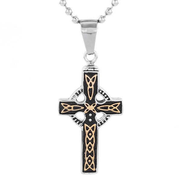 Shop Men's Antiqued Stainless Steel Celtic Cross Pendant Necklace ...