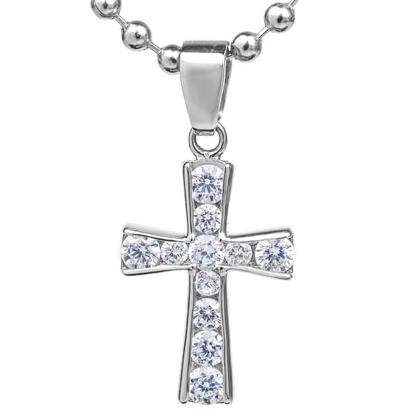 ELYA Stainless Steel Graduated Cubic Zirconia Cross Pendant Necklace. Opens flyout.