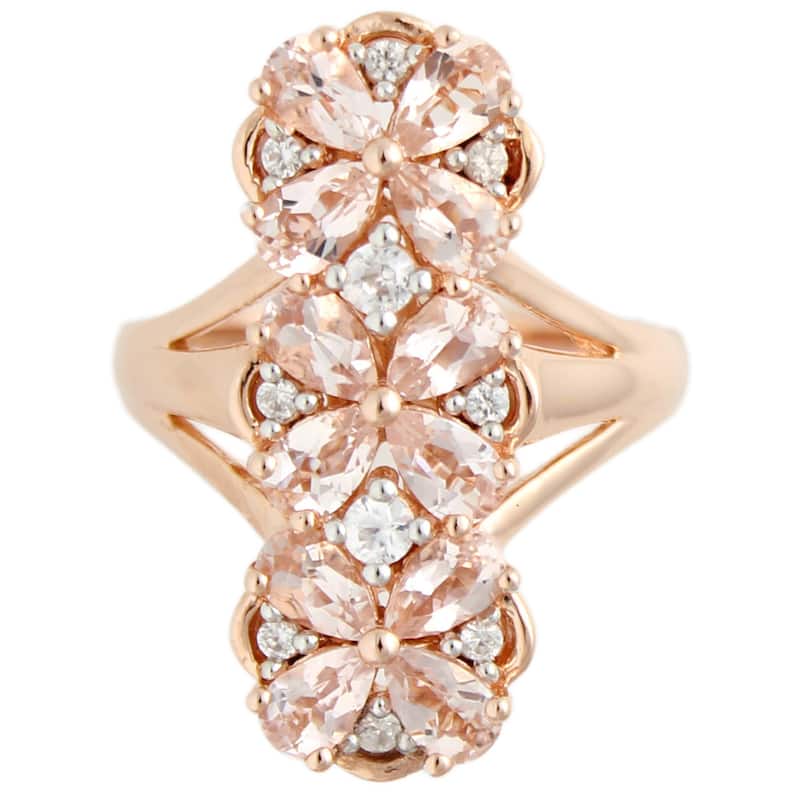 18K Rose Vermeil over Sterling Silver Morganite White Zircon Elongated Flower Ring