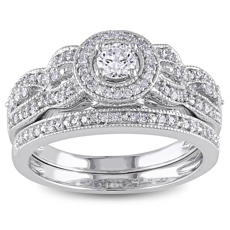 Miadora 10k White Gold 1/2ct TDW Diamond Halo Anniversary-style Bridal Ring Set - 5