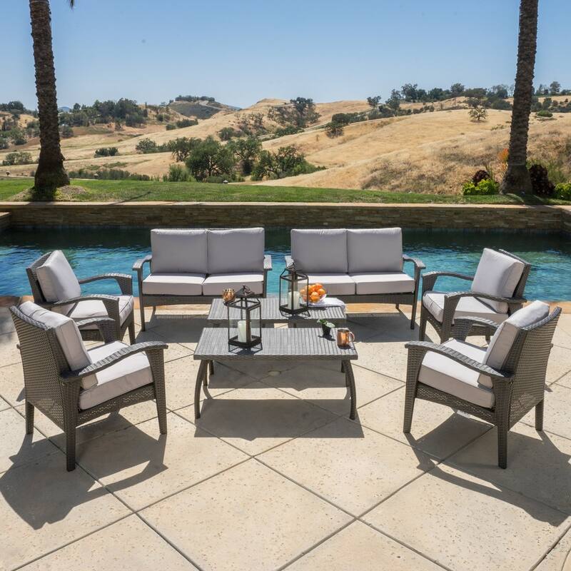 Waikiki Outdoor 8-piece Wicker Seating Set with Cushions by Christopher Knight Home - Grey+Beige Cushions