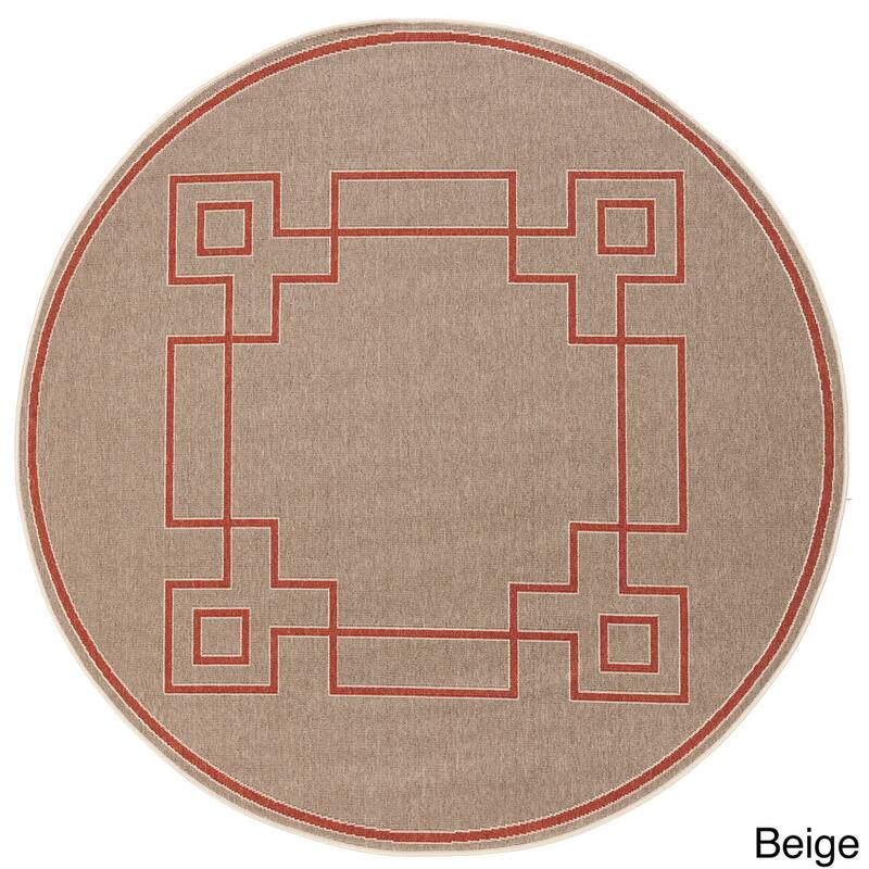 Livabliss Odette Greek Key Border Indoor/ Outdoor Area Rug - 7'3" Round - Beige/Red