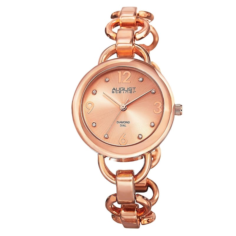 August Steiner Women's Diamond Accented Dial Swiss Quartz Chain-Link Rose-Tone Bracelet Watch