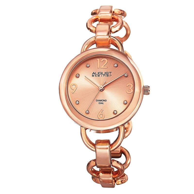 August Steiner Women's Diamond Accented Dial Swiss Quartz Chain-Link Rose-Tone Bracelet Watch