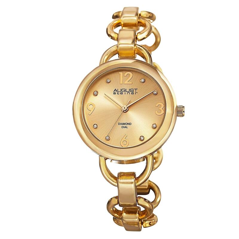 August Steiner Women's Diamond Accented Dial Swiss Quartz Chain-Link Gold-Tone Bracelet Watch