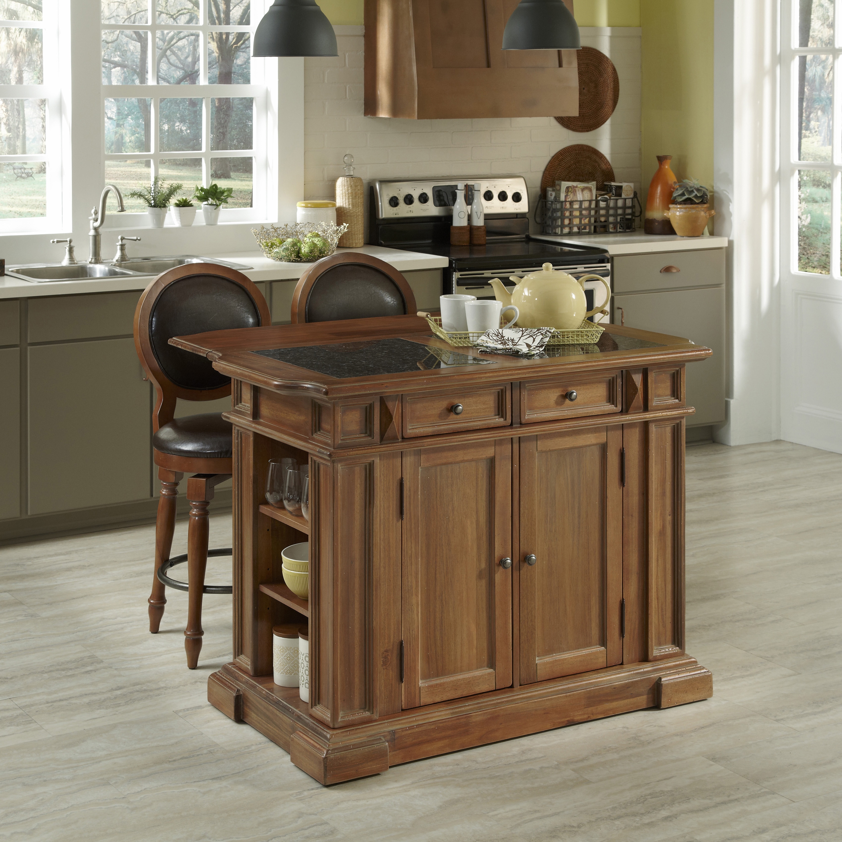 Americana Vintage Kitchen Island And Two Stools By Home Styles Overstock 9270108