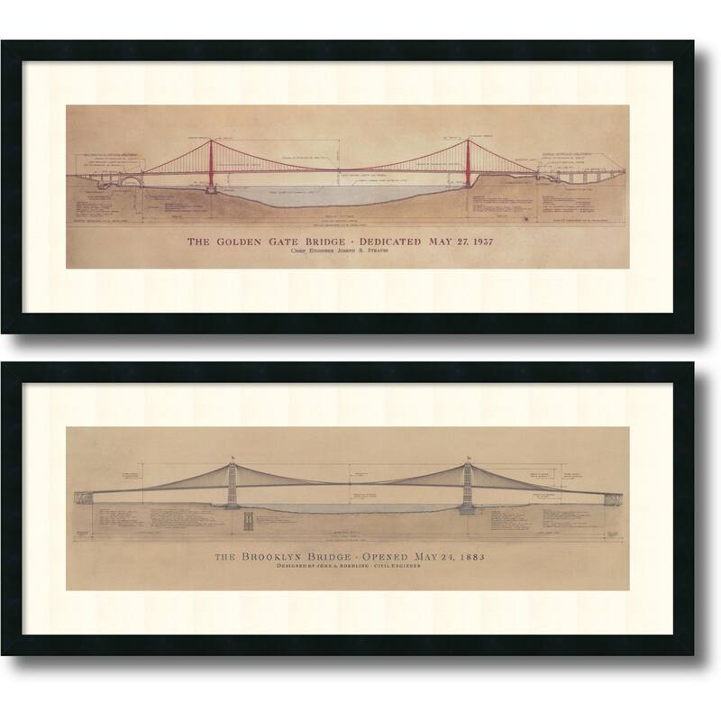 Framed Art Print 'Golden Gate Bridge, Brooklyn Bridge - set of 2' by Craig S. Holmes 40 x 17-inch Each