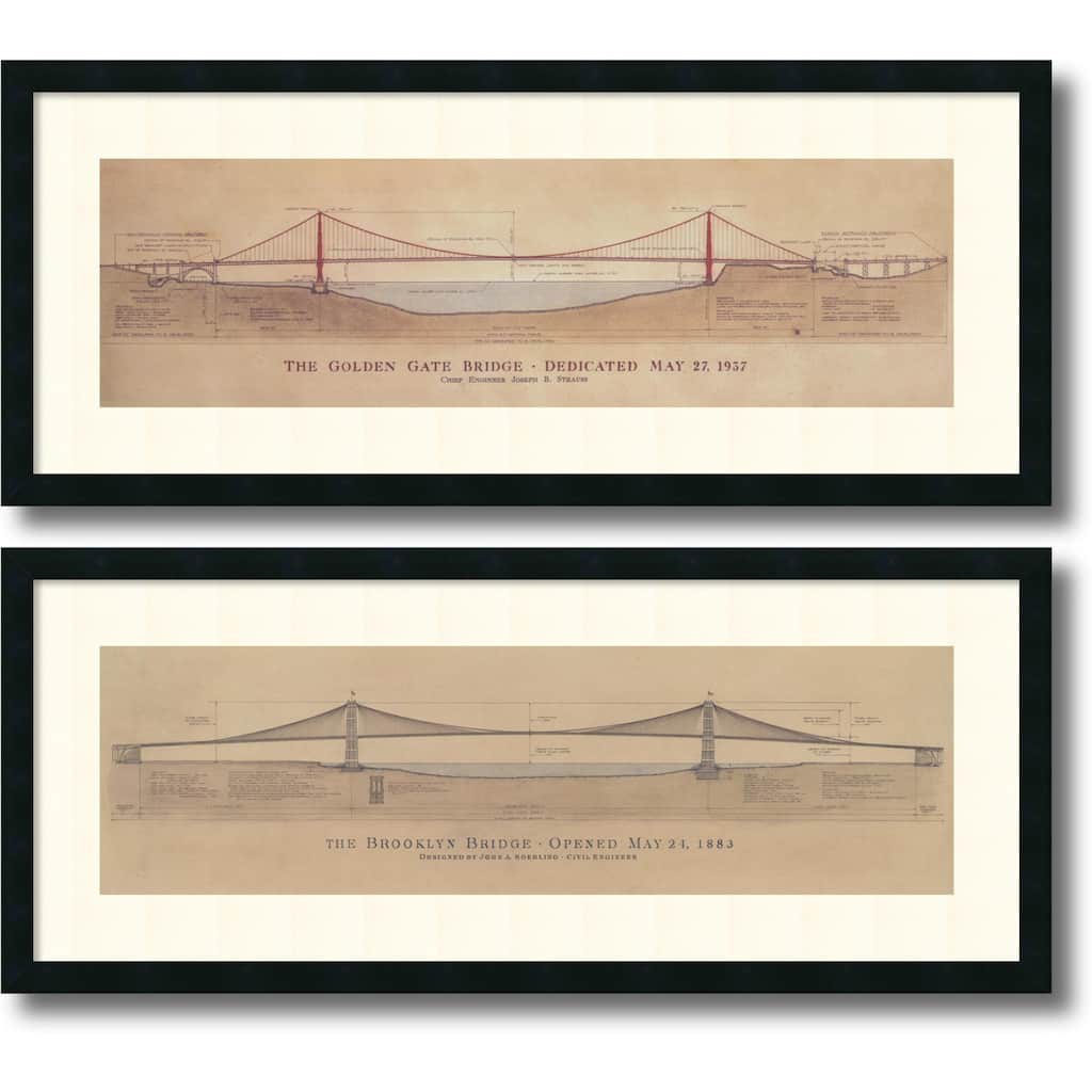 Framed Art Print 'Golden Gate Bridge, Brooklyn Bridge - set of 2' by Craig S. Holmes 40 x 17-inch Each