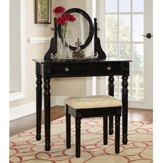 Linon Princess Vanity Table, Stool & Mirror in Ebony