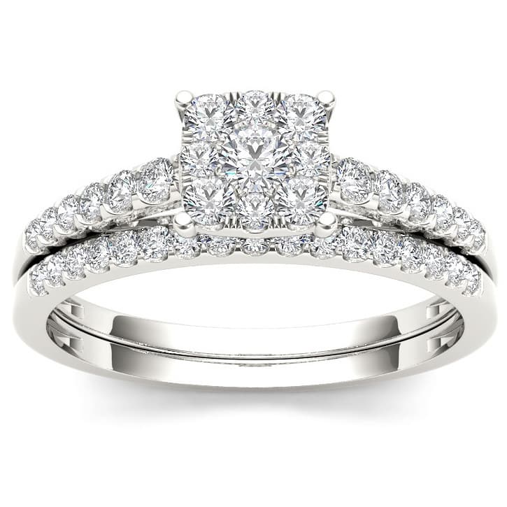 De Couer 10k White Gold 1/2ct TDW Diamond Cluster Engagement Ring Set - Size 7