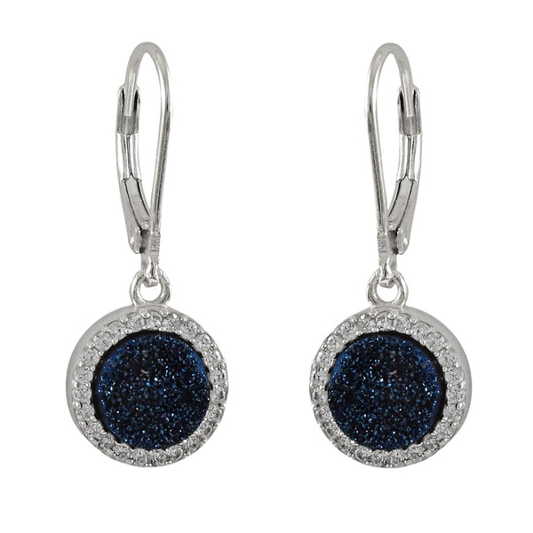 Luxiro Sterling Silver Druzy Quartz and Cubic Zirconia Dangle Lever-back Earrings