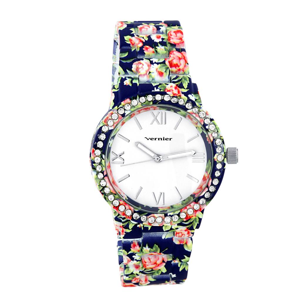 Vernier Women's Floral Pattern Stone Bezel Watch