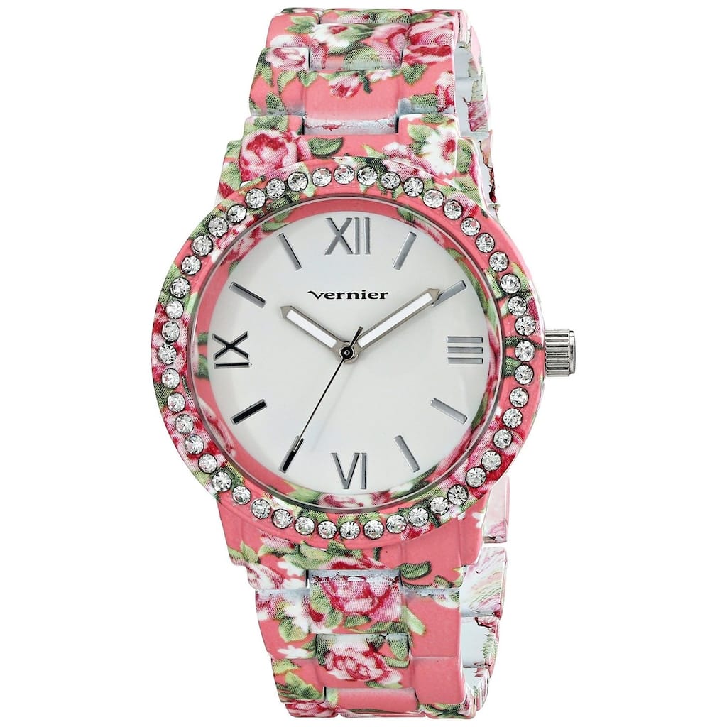 Vernier Women's All Over Floral Pattern Stone Bezel Watch