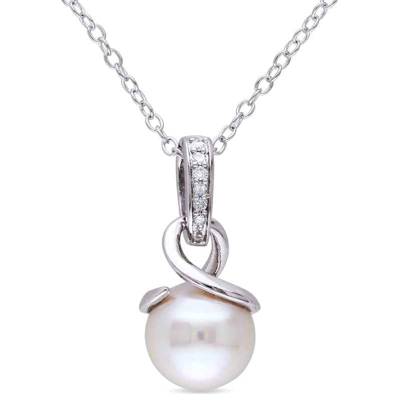 Miadora Sterling Silver White Pearl and Diamond Accent Drop Necklace (8-8.5 mm)