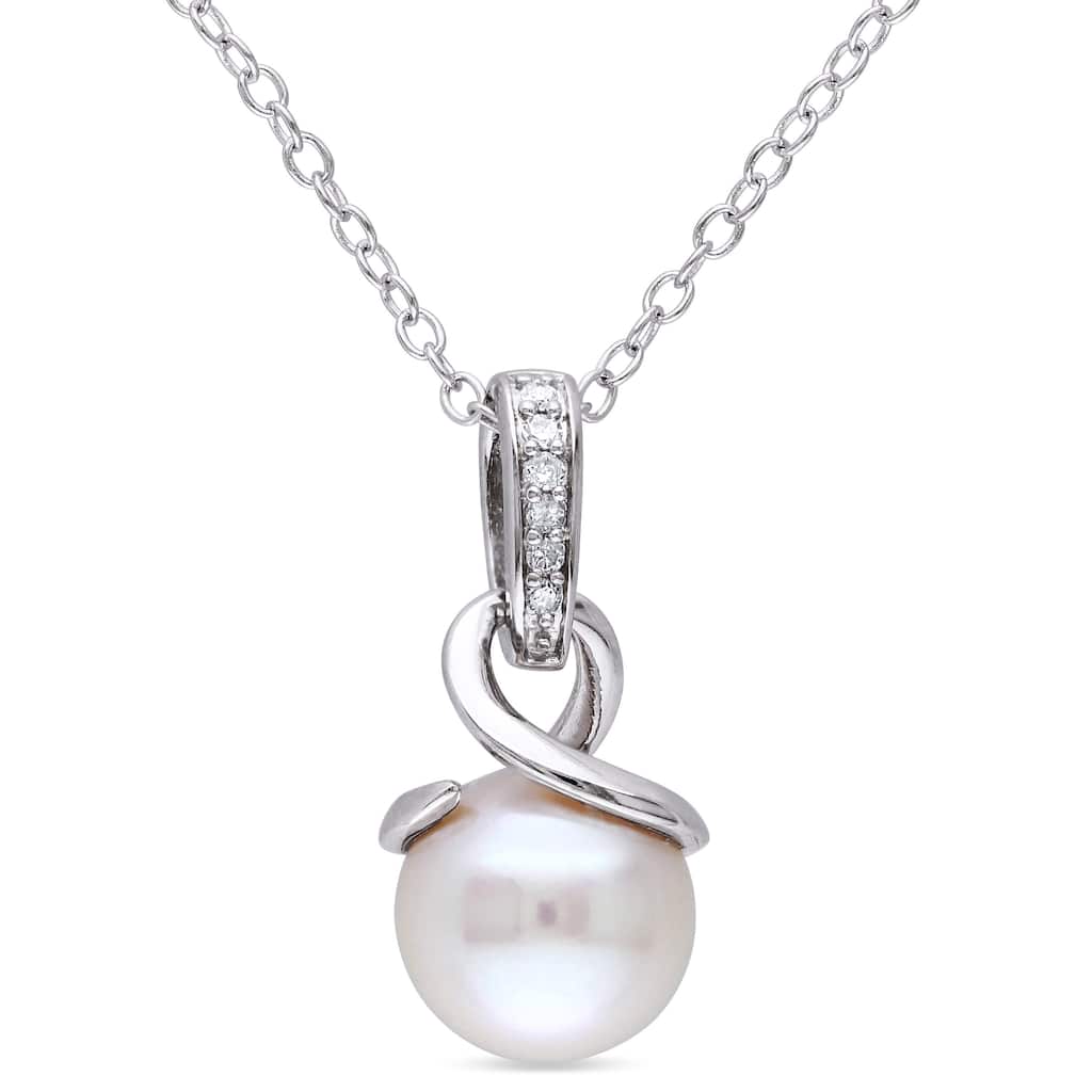Miadora Sterling Silver White Pearl and Diamond Accent Drop Necklace (8-8.5 mm)