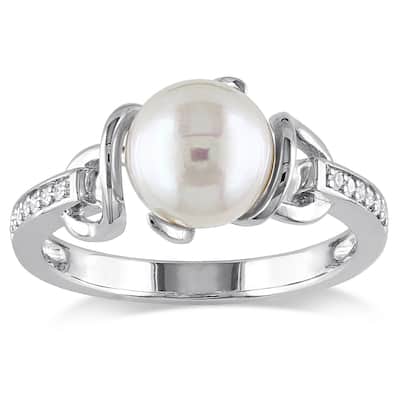 Miadora Sterling Silver Freshwater White Pearl and Diamond Accent Ring (8-8.5 mm)