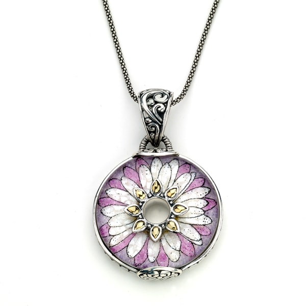 Micromosaic by Samuel B. Crushed Mult gemstone Pink Flower Pendant