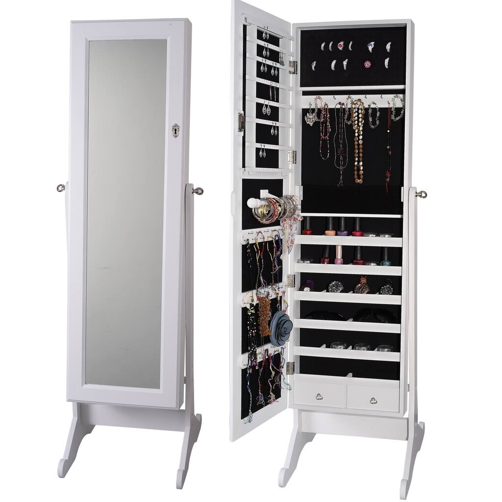 Premium White Cheval Mirror Jewelry Cabinet Armoire Box Stand Organizer Full-size Storage Case