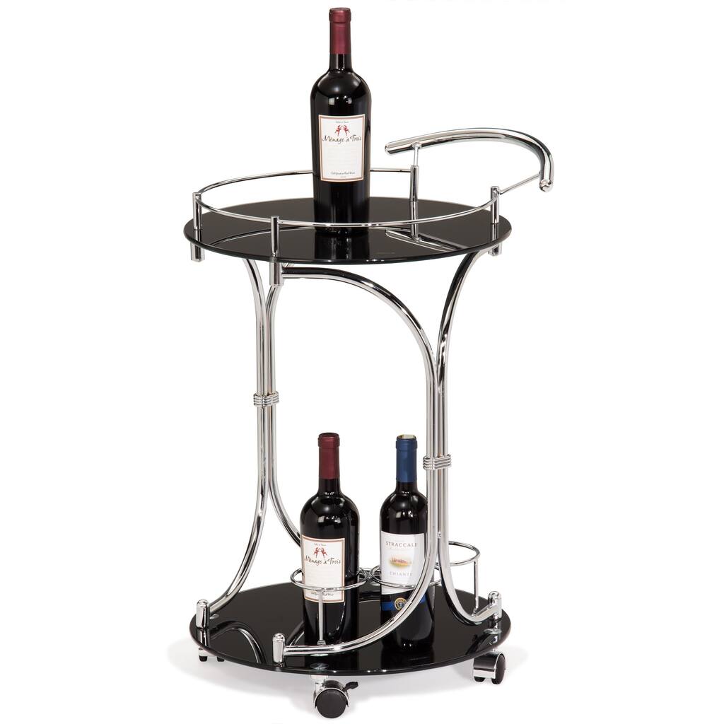 Round Black Glass and Chrome Wine Serving Cart with Gallery