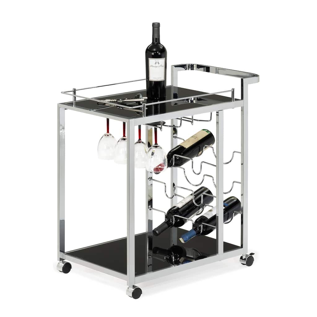 Black Glass and Chrome Wine Serving Cart with Stemware Rack
