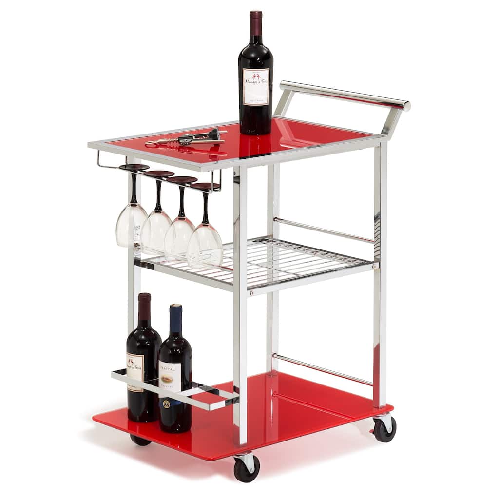Red Glass and Chrome Wine Serving Cart with Stemware Rack