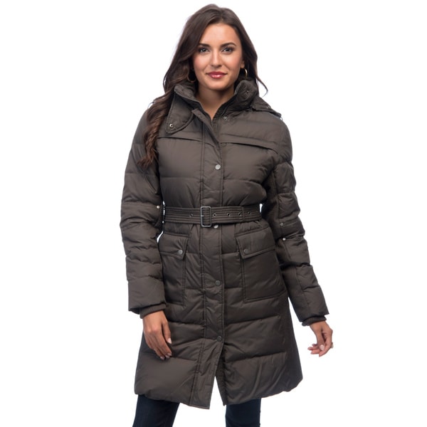 Shop Larry Levine Women's Belted Down-filled Jacket with Removable Hood ...