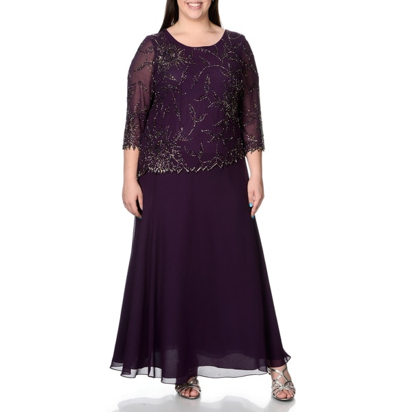 Shop J Laxmi Women's Plus 3/4 Sleeve Beaded Mock 2-piece Evening Gown ...