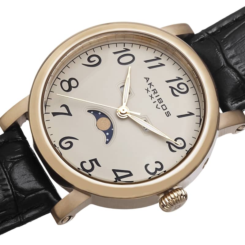 Akribos XXIV Men's Quartz AM/PM Indicator Leather Gold-Tone Strap Watch
