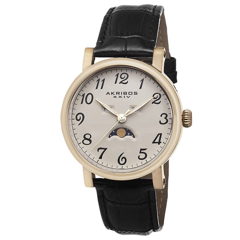 Akribos XXIV Men's Quartz AM/PM Indicator Leather Gold-Tone Strap Watch