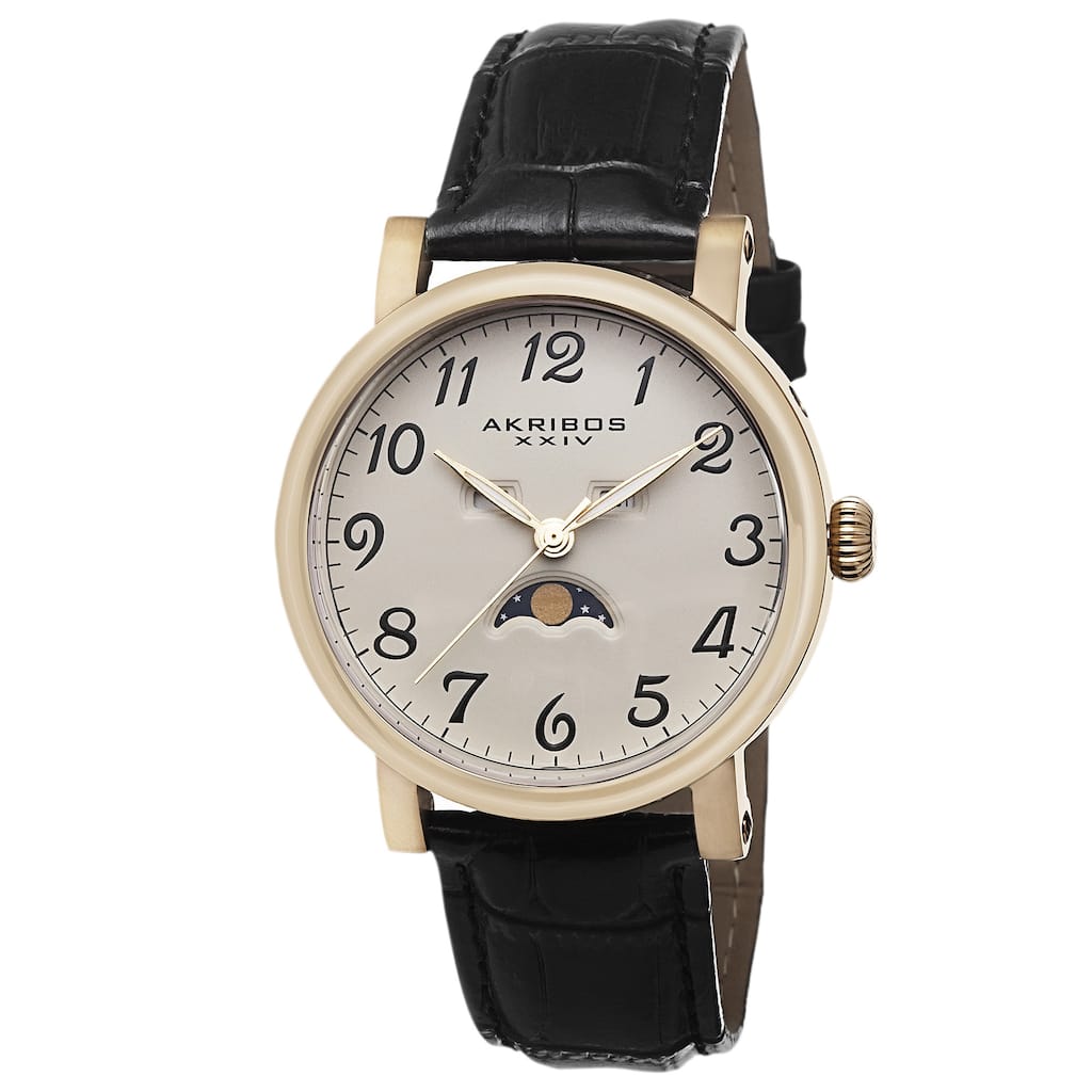 Akribos XXIV Men's Quartz AM/PM Indicator Leather Gold-Tone Strap Watch
