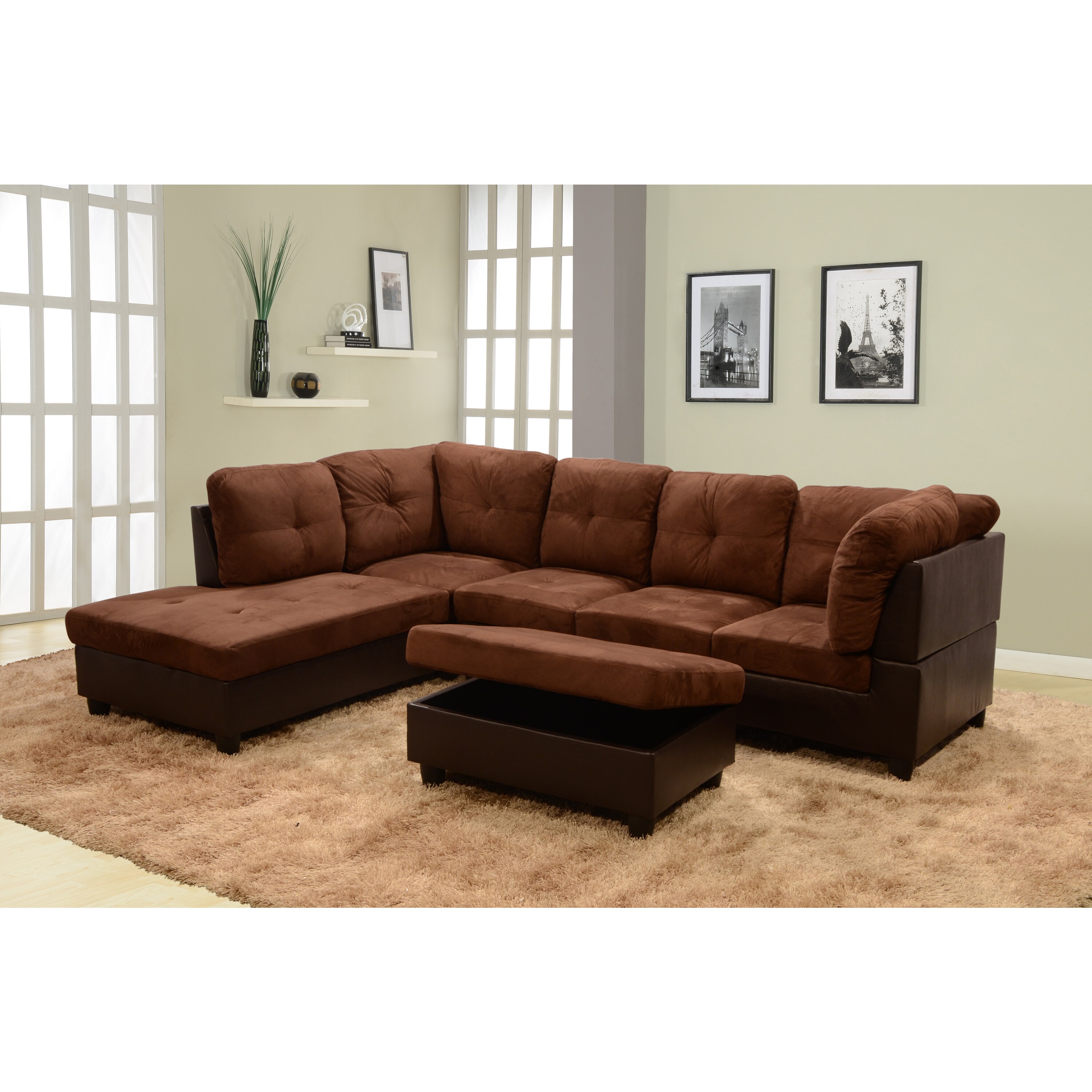 Delima 3 Piece Dark Brown Microsuede Sectional Set Piece Dark Brown Microsuede Sectional