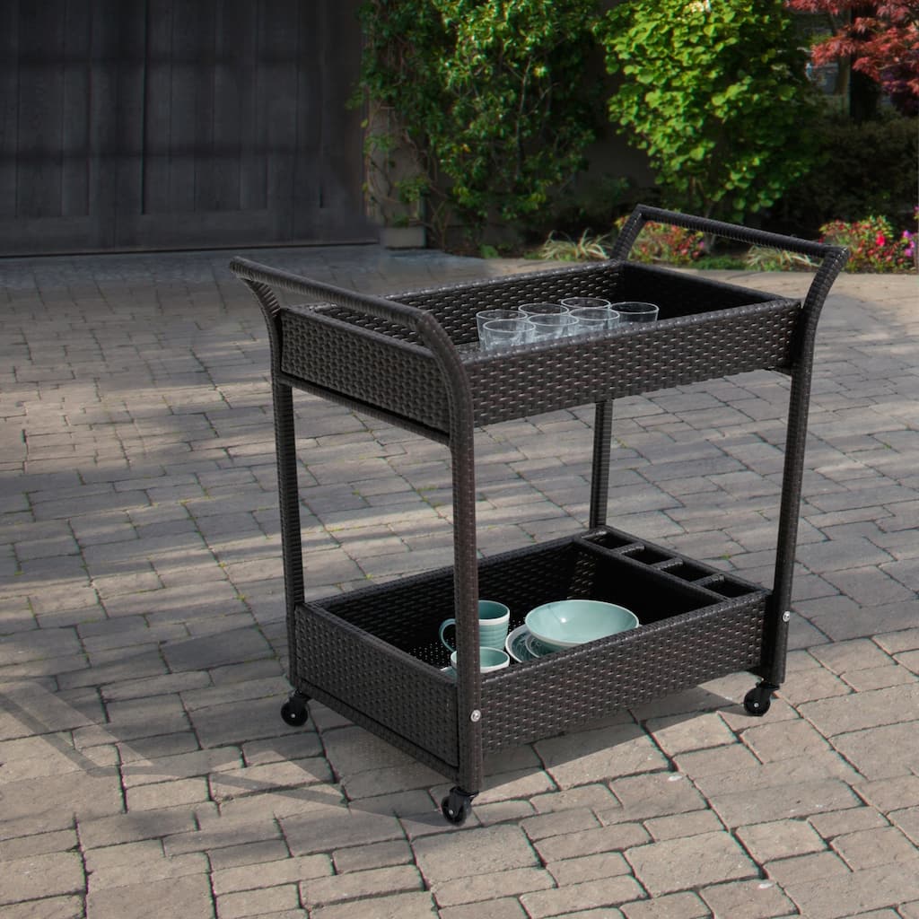 Corvus Sahara Hand-crafted Resin Wicker Outdoor Serving Cart with Glass Top