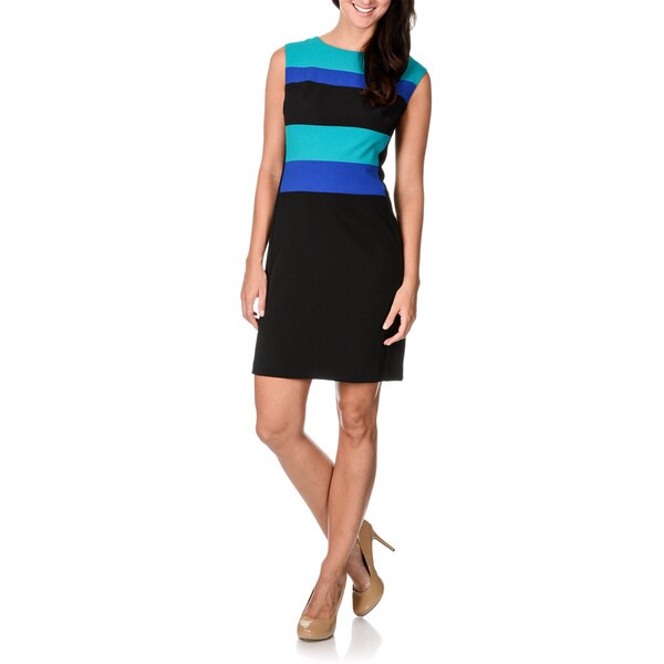 Sandra Darren Womens Striped Colorblock Black Sheath Dress
