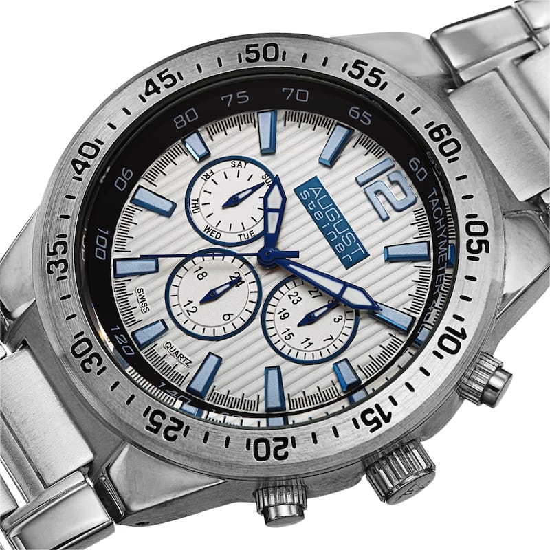 August Steiner Men's Swiss Quartz Multifunction Silver-Tone Bracelet Watch