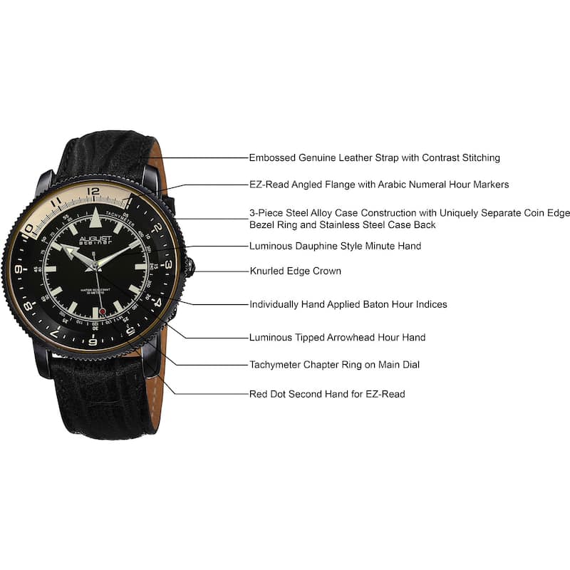 August Steiner Men's Swiss Quartz Tachymeter Leather Black Strap Watch