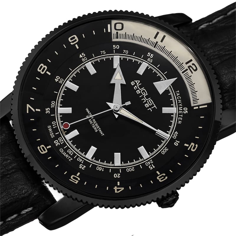 August Steiner Men's Swiss Quartz Tachymeter Leather Black Strap Watch