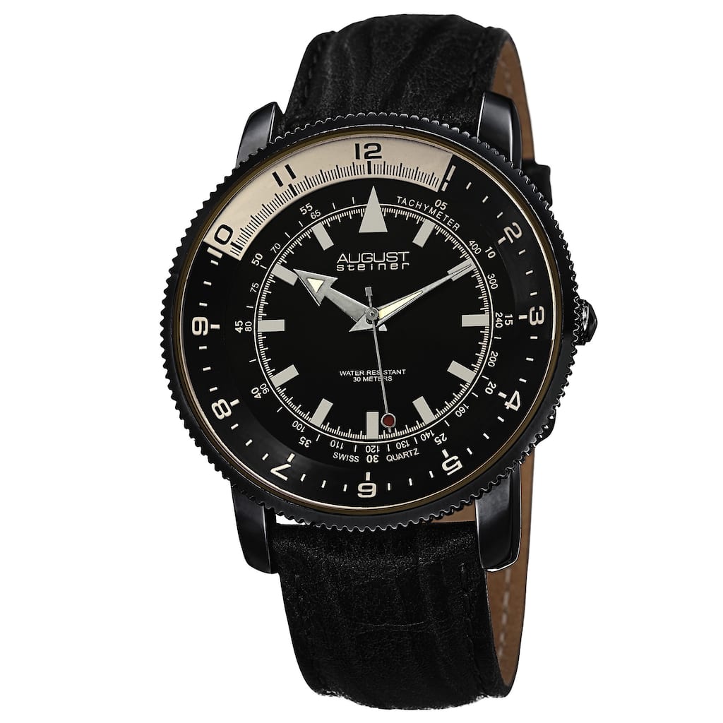 August Steiner Men's Swiss Quartz Tachymeter Leather Black Strap Watch