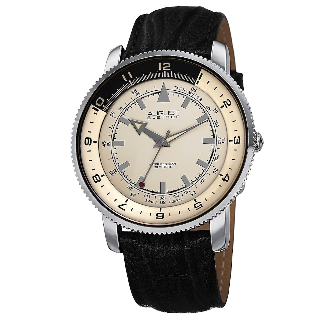 August Steiner Men's Swiss Quartz Tachymeter Leather Silver-Tone Strap Watch
