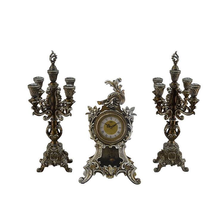 Antique Style Table Clock with Candle Holders 3-piece Set