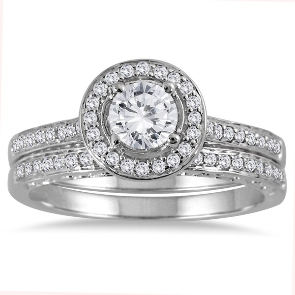 Marquee Jewels 14k White Gold 7/8ct TDW Diamond Halo Bridal Set