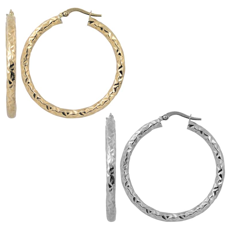 Fremada 10k Yellow or White Gold 3x30-mm Diamond-cut Round Hoop Earrings - White - White