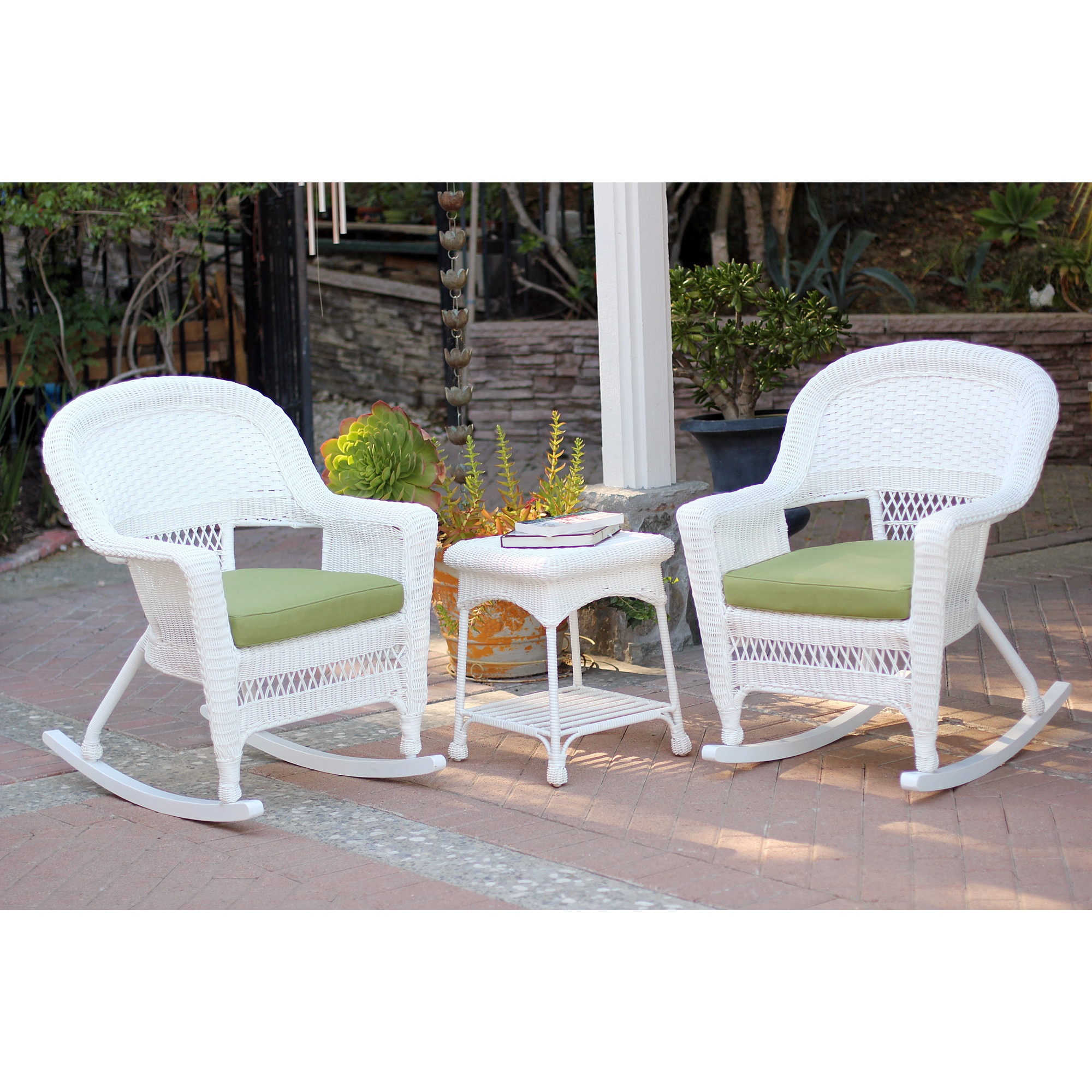 3 piece White Rocker Wicker Chair Set with Cushions On Sale