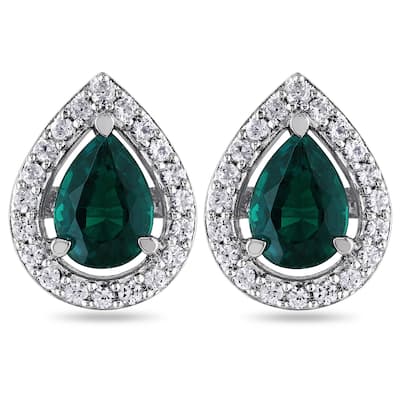Miadora Silver Created Emerald and White Sapphire Earrings