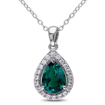 Miadora Silver Created Emerald and White Sapphire Necklace