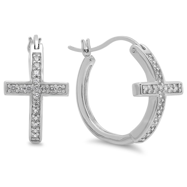 Sterling Essentials Sterling Silver Cubic Zirconia Sideways Cross Hoop