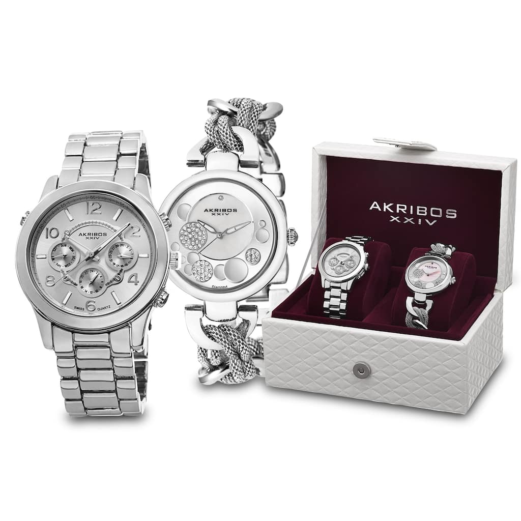 Akribos XXIV Women's Quartz Diamond/Multifunction Silver-Tone Bracelet Watch Set